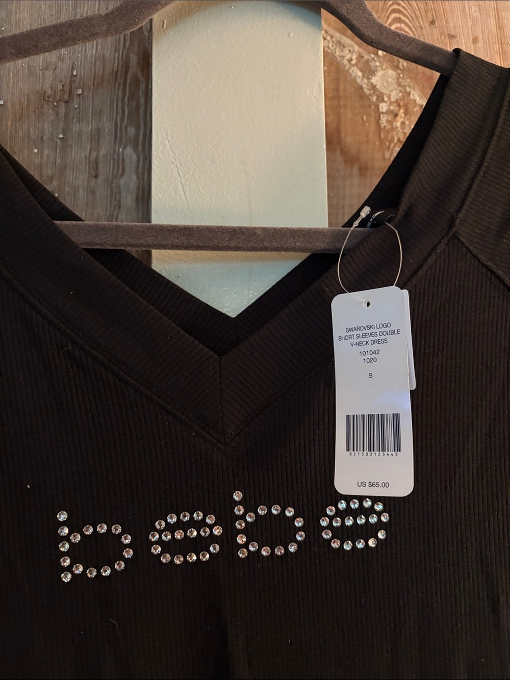 bebe Black V-Neck Short Sleeve dress with Crystal Logo